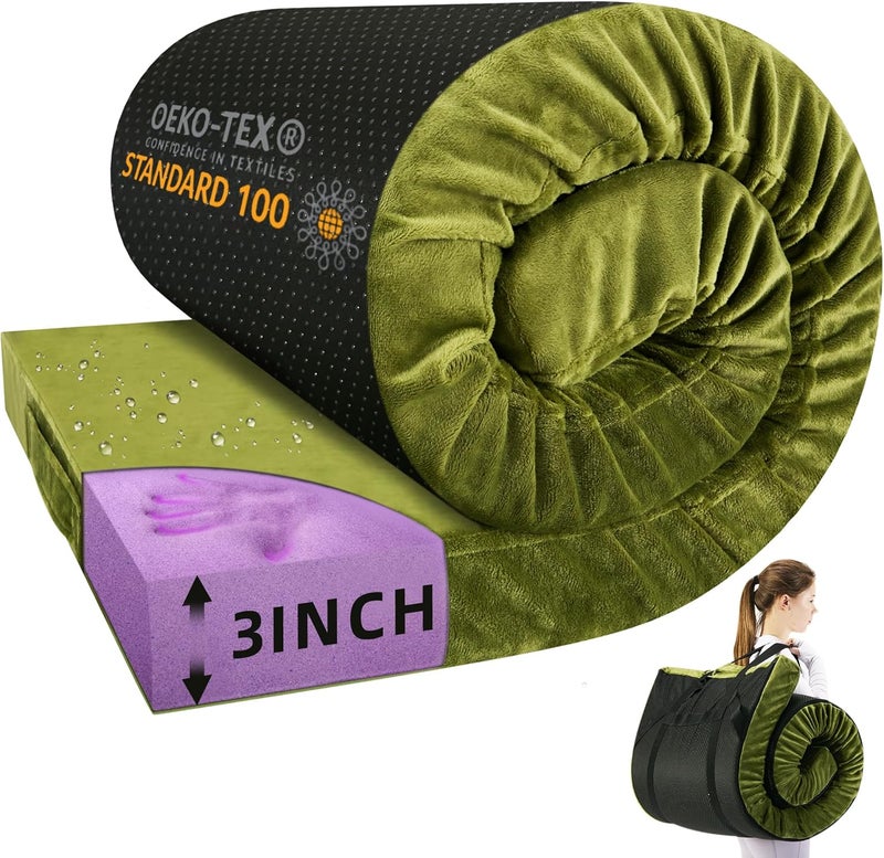 BDEUS Memory Foam Camping Mattress Pad 3inch Waterproof Roll Up Bed Sleeping Mat for Adults Portable Roll Up Mattress for Travel Guest Floor Bed Cot Mattress for Car, Tent - Image 1